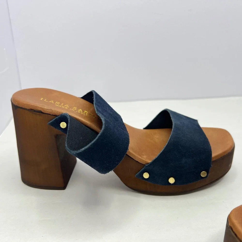 Blue Suede Platform Clog Sandals Women 6.5 Studded Wood Block Heel Boho Festival